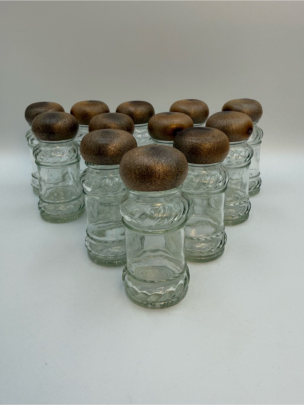 Vintage Glass Spice Bottles Shaker Jars With Faux Wood Lids Lot Of 12